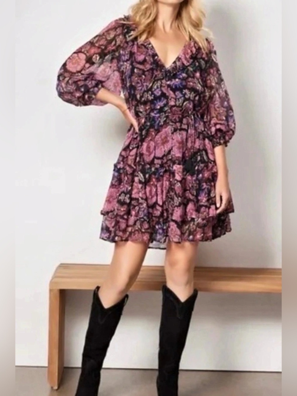 Cleobella Black with Pink Multi Floral V-Neck Long Sleeve Tiered Dress - Size XS